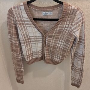 Hollister Women's Checkered Cropped Cardigan - Tan and Cream